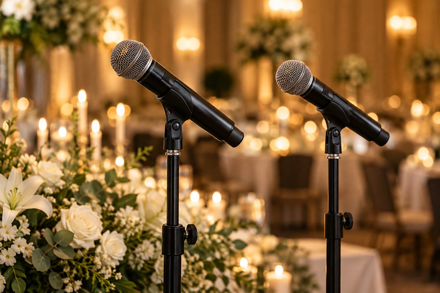 Microphones ready for eulogies at a candlelit memorial service