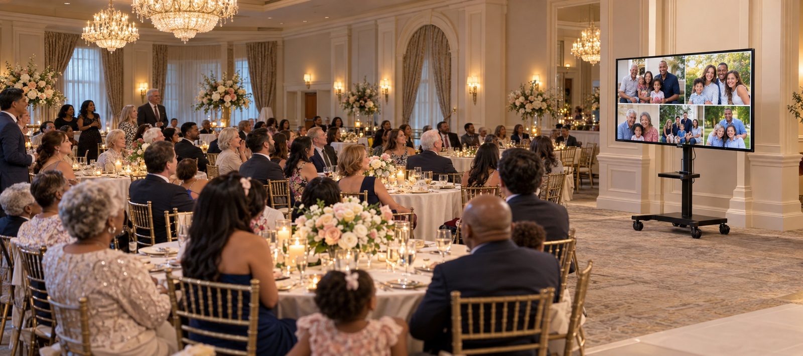 Banquet room with memorial tribute playing on a projector screen as guests gather
