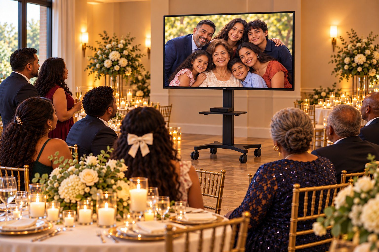 Guests watching a memorial photo tribute on a projector screen at a repast