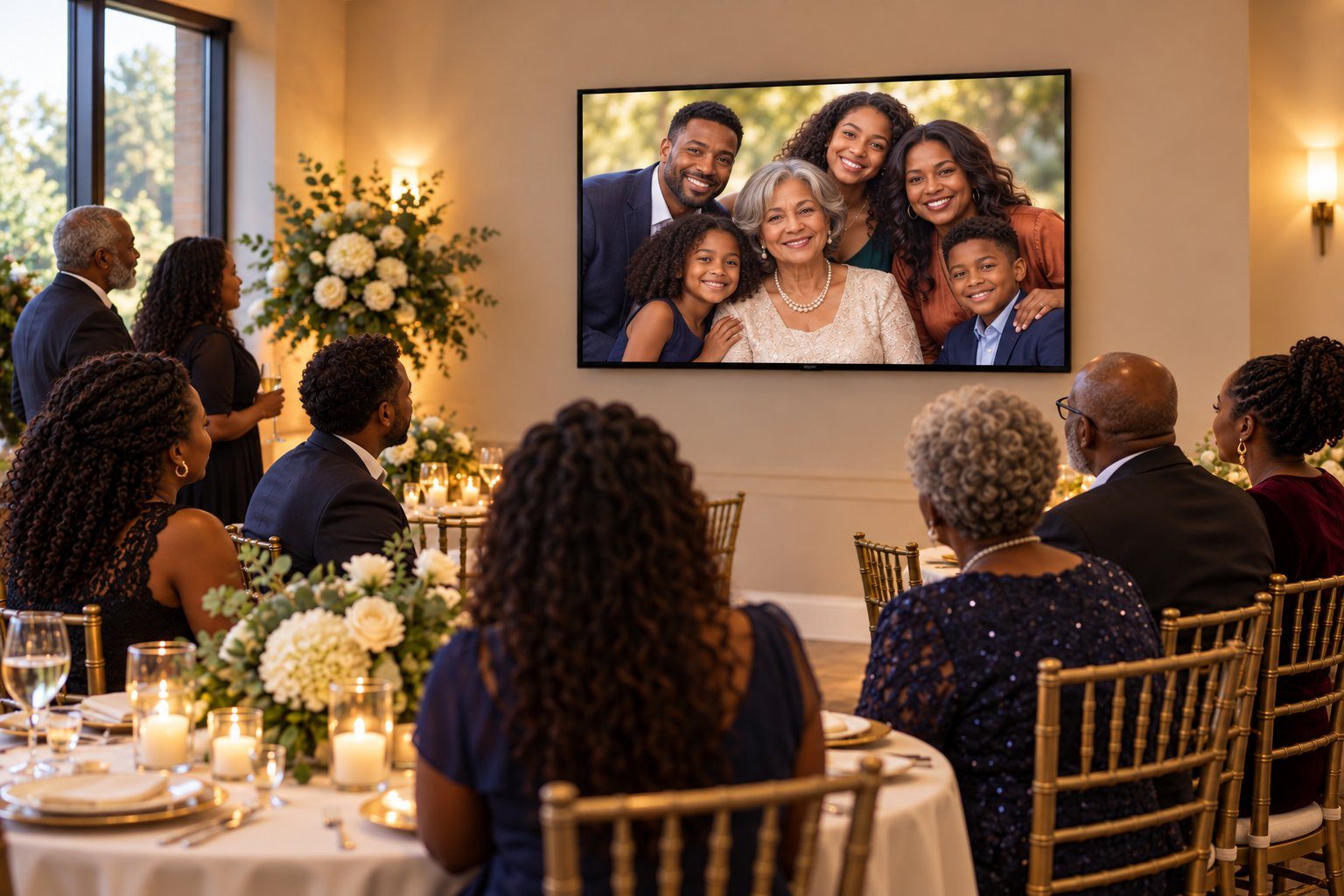 Guests seated at a repast while a family photo tribute plays on the projector screen